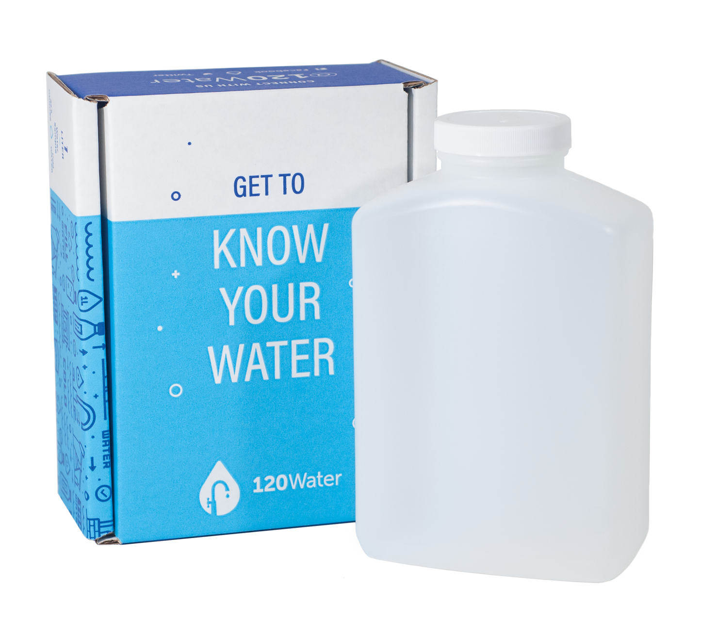 A product image featuring a Drinking Water Test kit with a blue and white box and a white bottle.