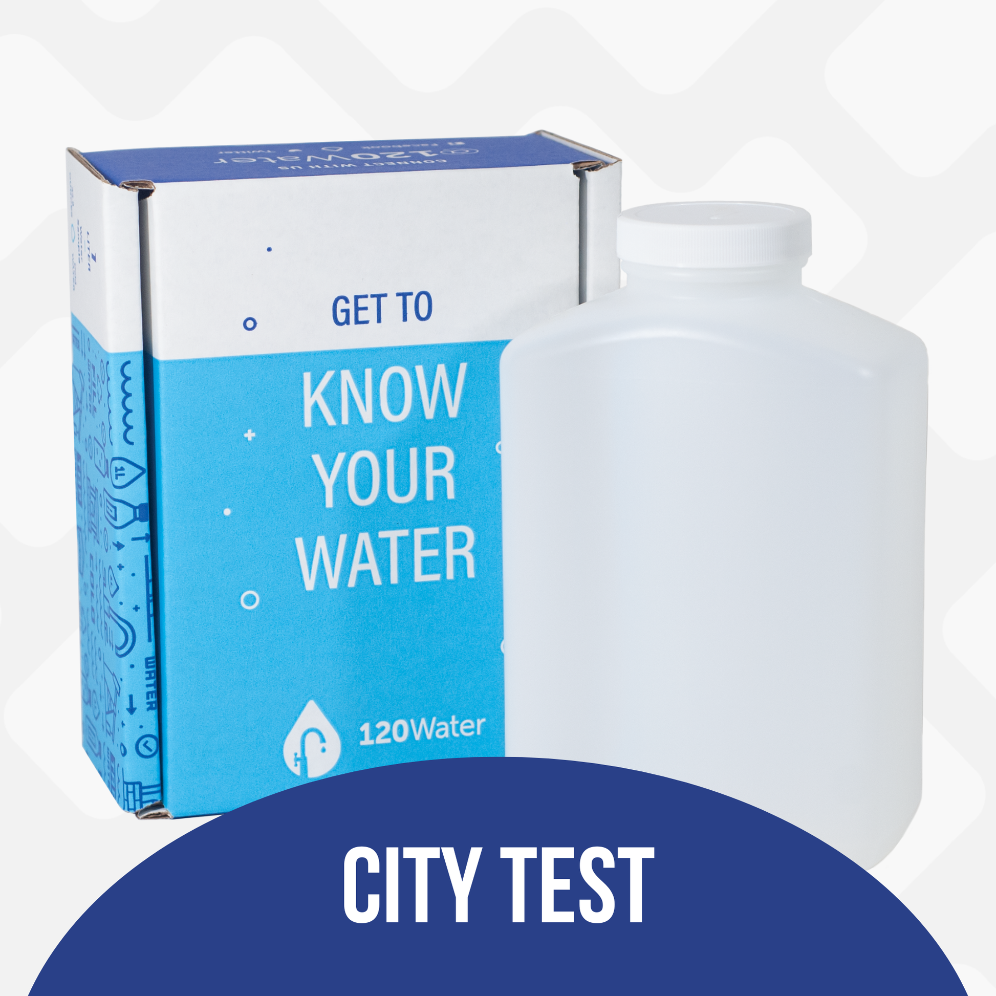 120Water water testing kit with bottle and box on a white background