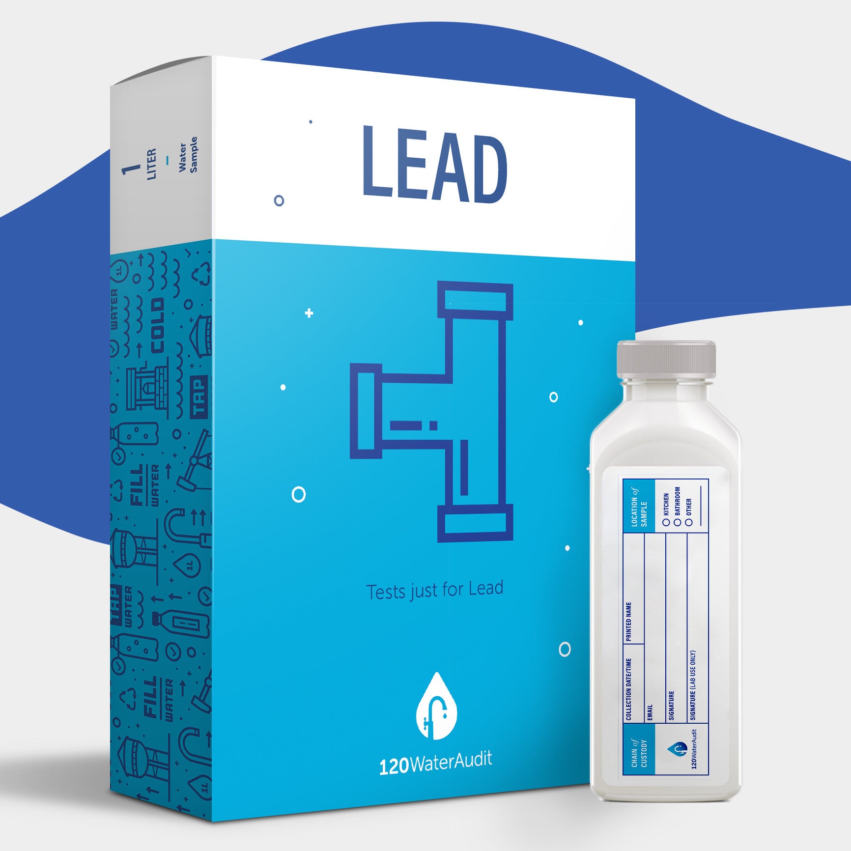 A box labeled 'Lead Tests for Water' alongside a bottle with a test kit, both against a blue background.